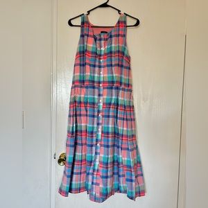 Talbots Dress: sleeveless Madras plaid button front shirt dress